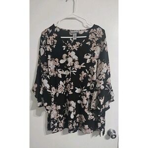 Catherines Floral V Neck Top 1X Pink Black  Bell Sleeve Lightweight Romantic